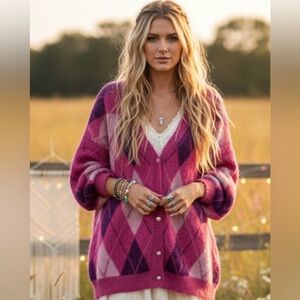 Umgee Pink and Purple Argyle Cardigan